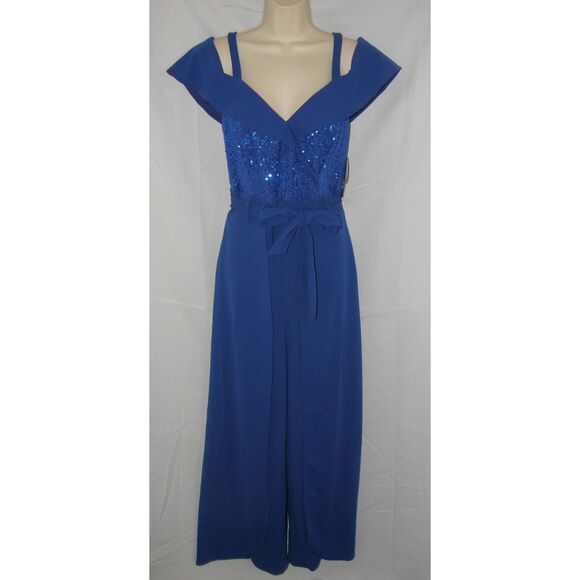 NEW Sparkly Sequined Royal Blue Sz 10 Wide Split Leg 1 Pc Jumpsuit SHELBY NITES - Picture 1 of 6